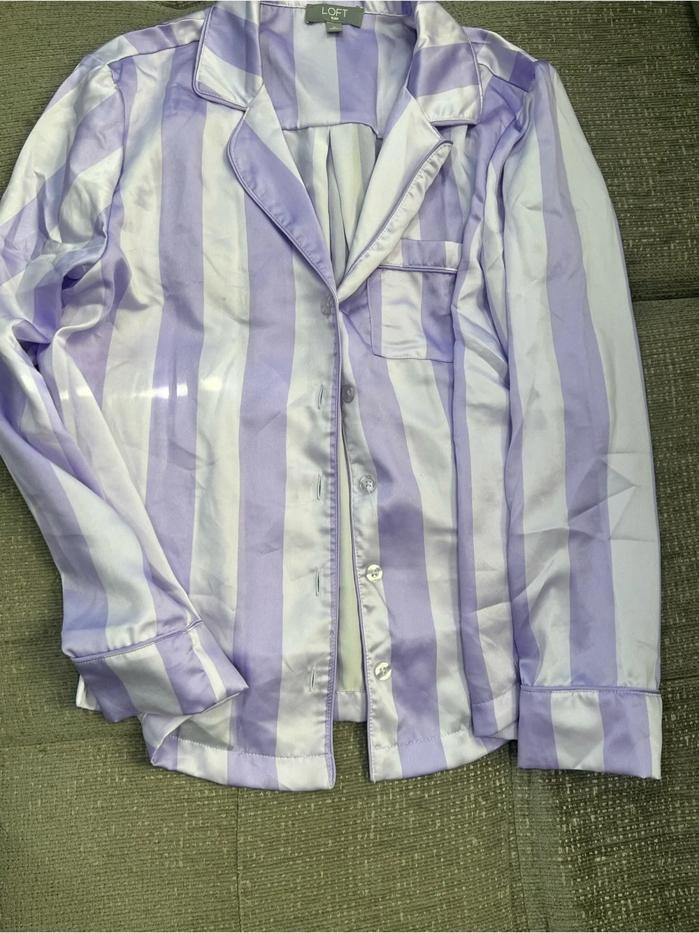 LOFT Satin Notch Collar Purple Striped Pajama Set k31